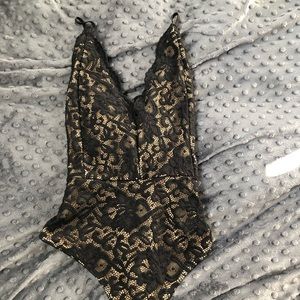 Windsor Black and Nude Lace Thong Bodysuit